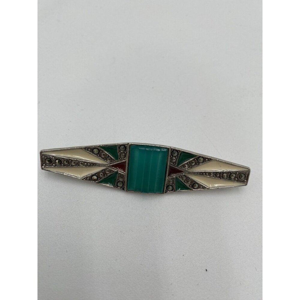 Vintage Silver Tone Turquoise Pin Brooch Bar Rhinestone Jewelry Scarf  2.5" Long - Picture 6 of 6